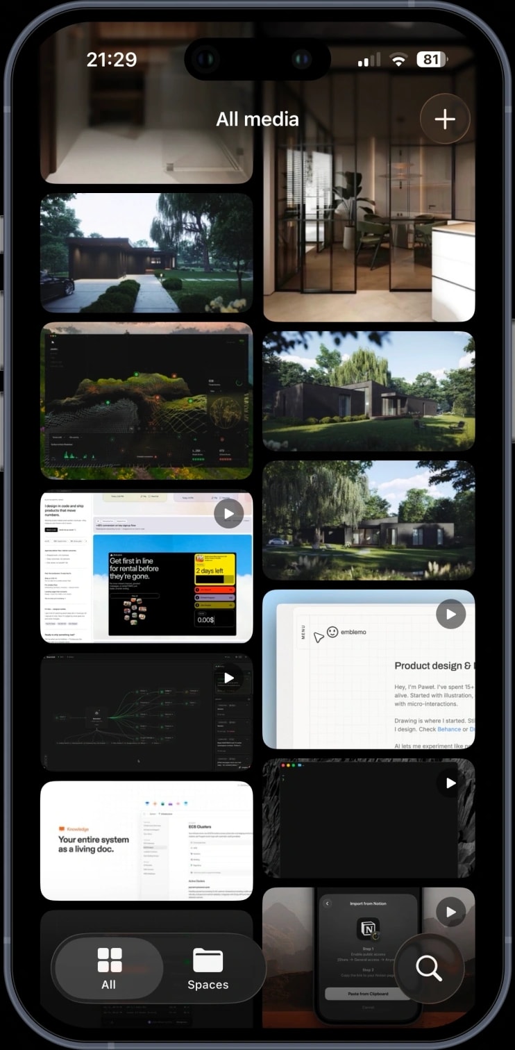 Snapwell on iPhone — the same collected library, synced over iCloud