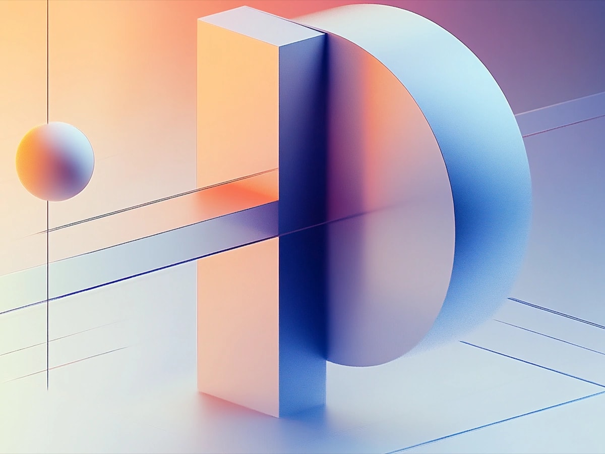 An abstract 3D composition of a sphere, slab and disc in warm and cool gradients