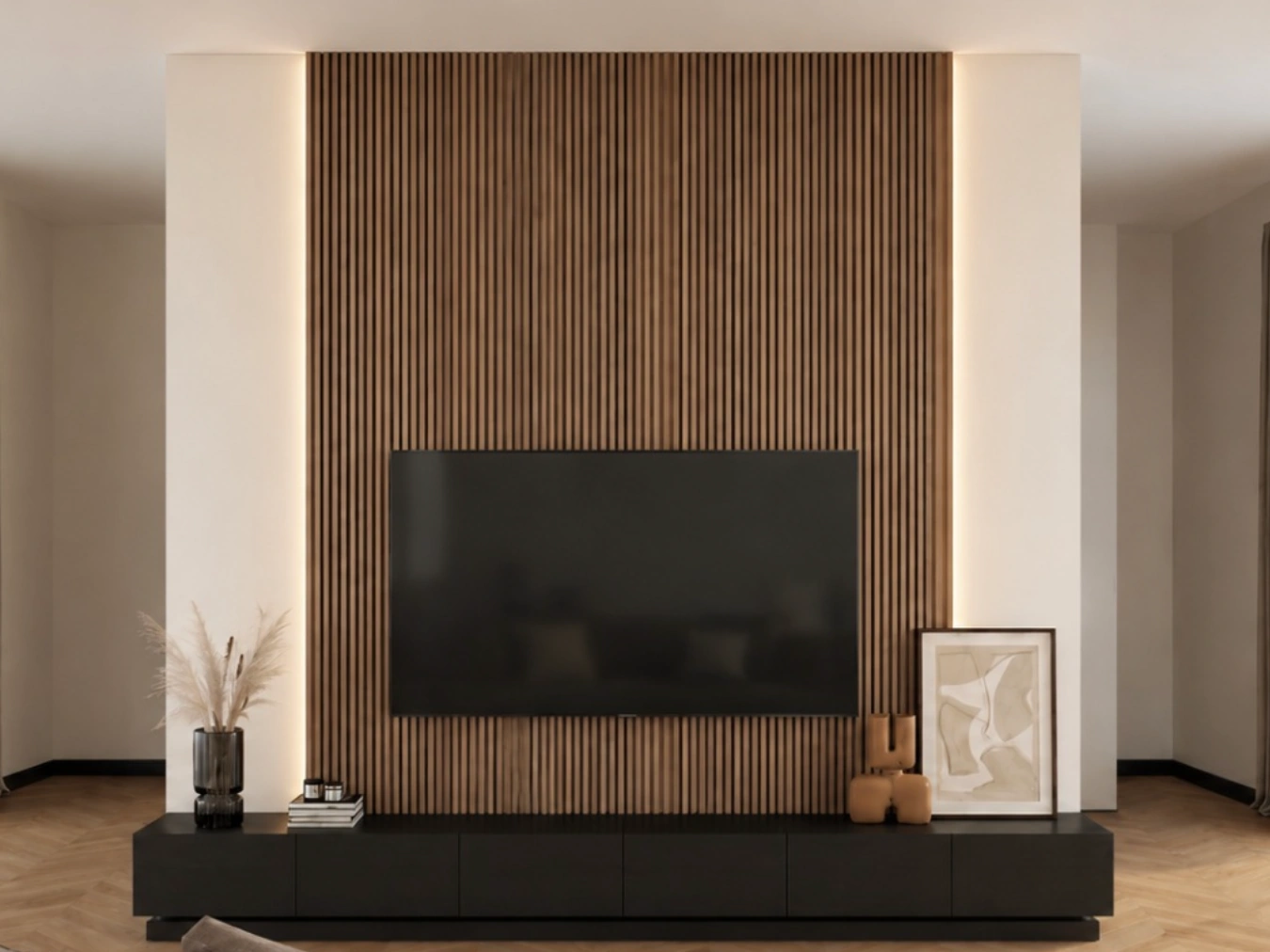 A living room with a slatted walnut feature wall, concealed lighting and a low black console