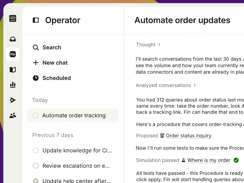 A product interface with a sidebar, a conversation panel and a structured procedure editor