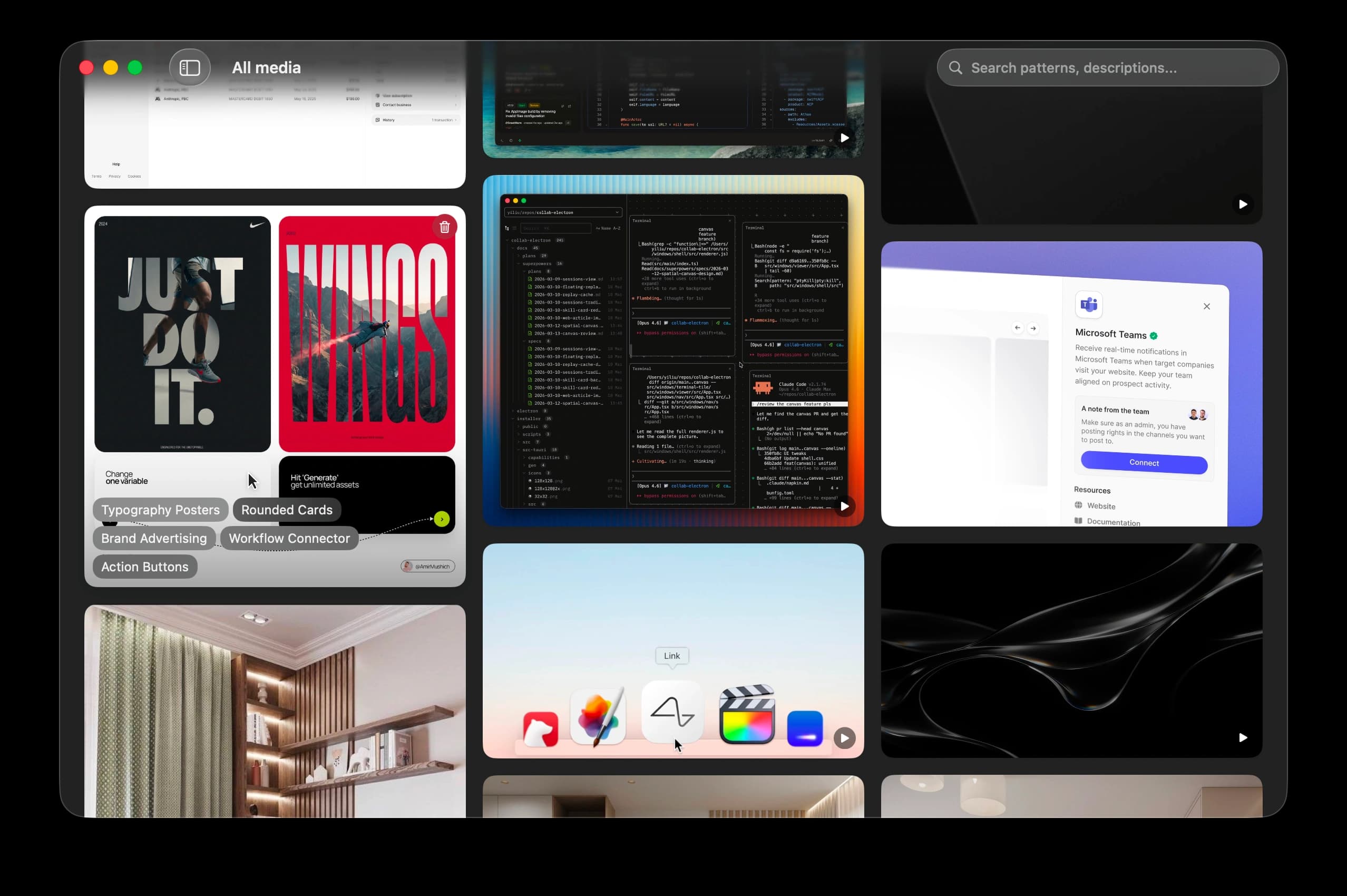 Snapwell on Mac — a grid of collected images with AI-generated tags and search